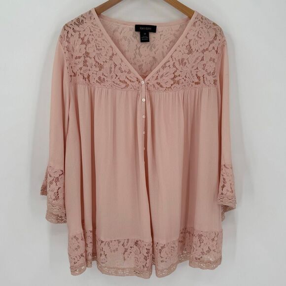 Karen Kane Lace Inset Top Semi Sheer Button Up V-Neck Pink Plus Women 2X New - Picture 1 of 7